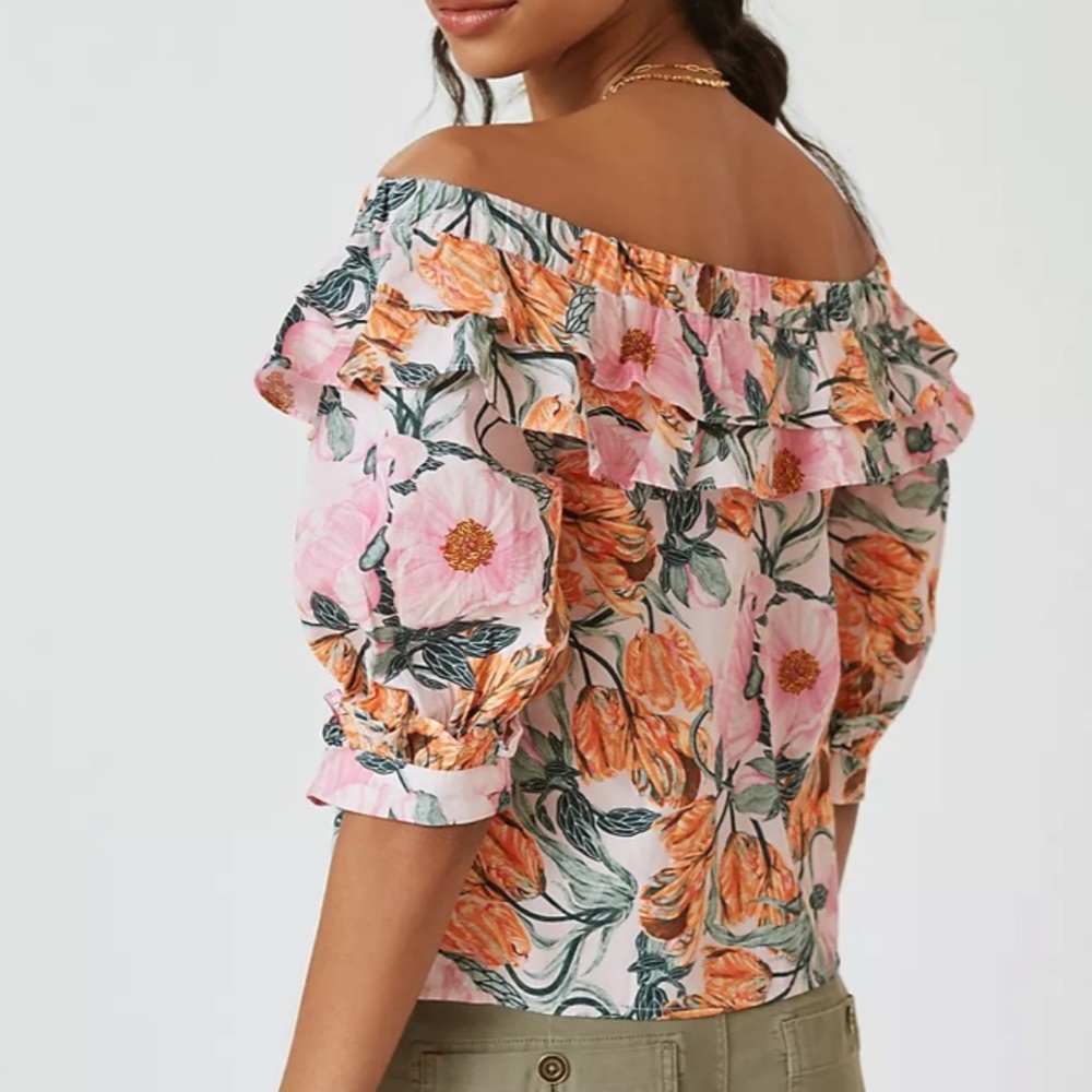 Anthropologie X Cecilia Patterson Pink Floral print Ruffle off shoulder blouse